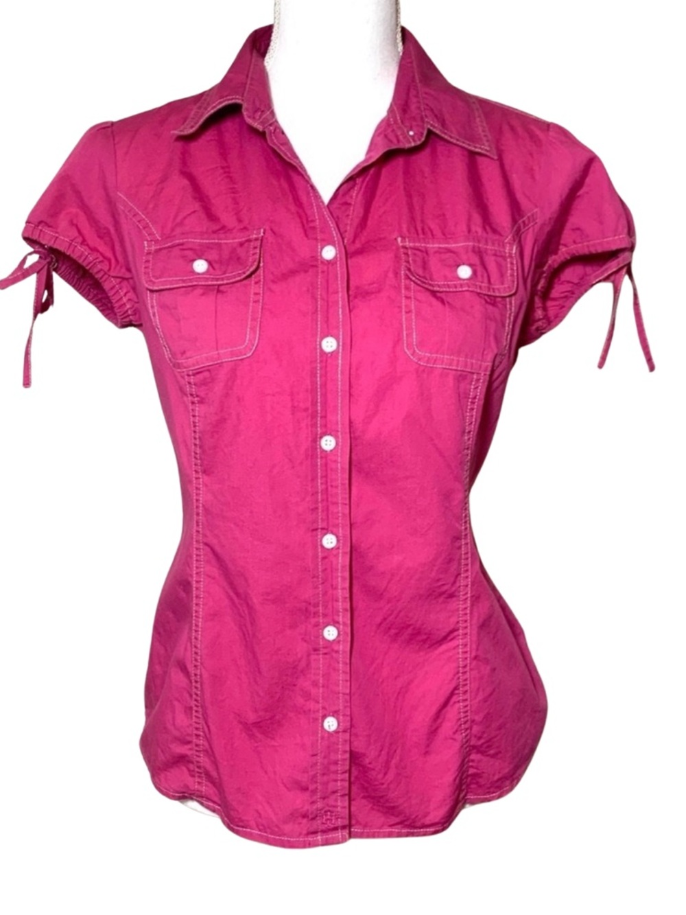 Tommy Hilfiger Pink Short Cap Sleeve Button Down Shirt 100% Cotton Women's Small
